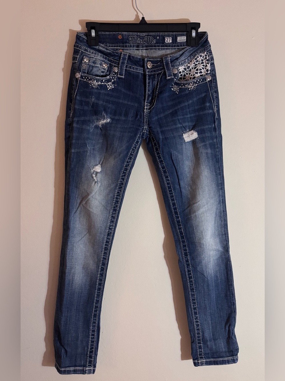 Miss Me Jeans 27 Rhinestone Crochet Distressed Y2K Dark Wash Stretch Western